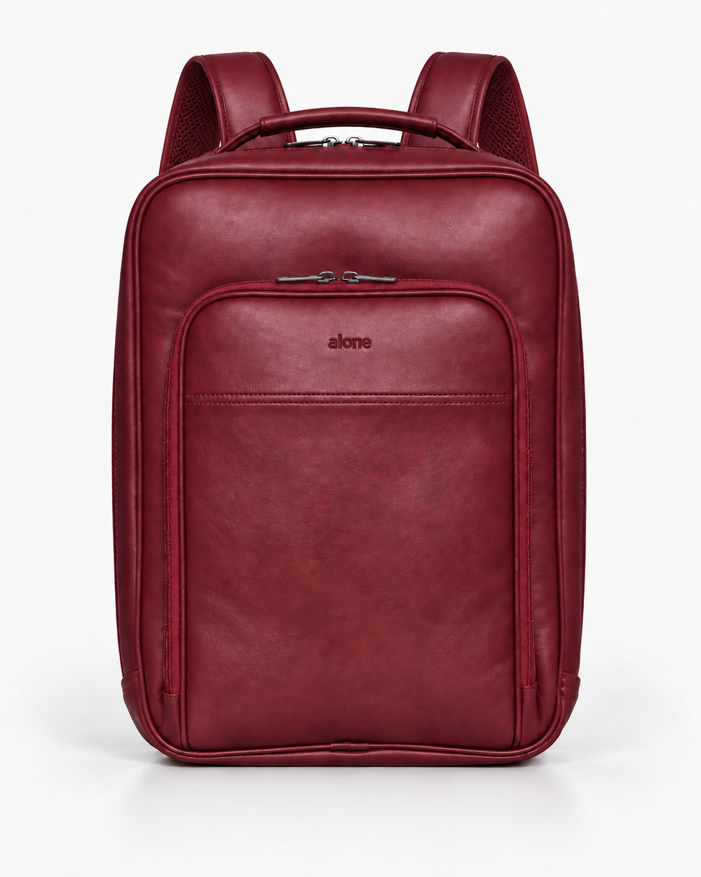 ALONE 1025 bordo suni deri laptop sırt çantası, önden görünüm, yakın çekim
