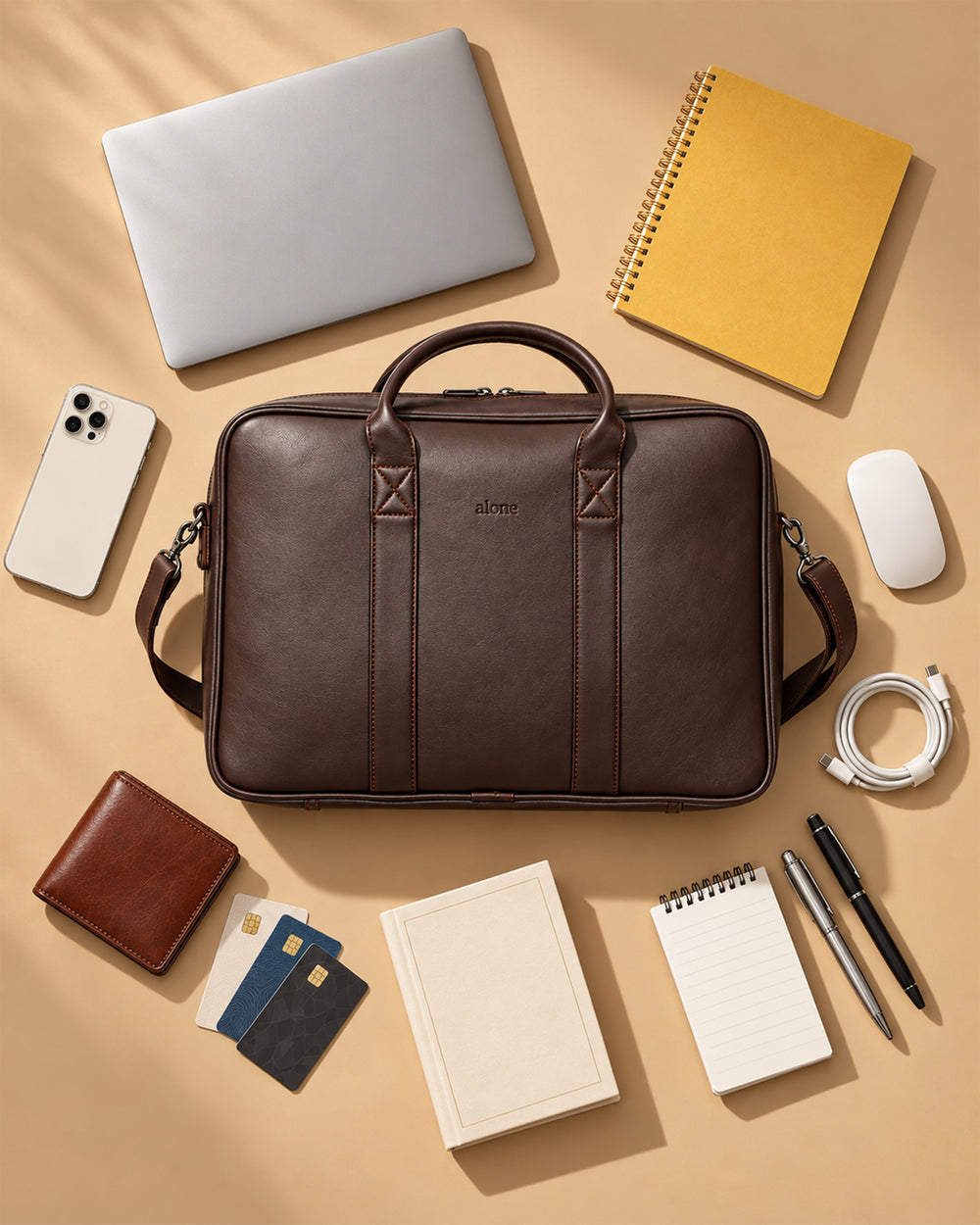 Kahverengi ALONE çanta ve içine sığan laptop, defter, telefon ve aksesuarlar