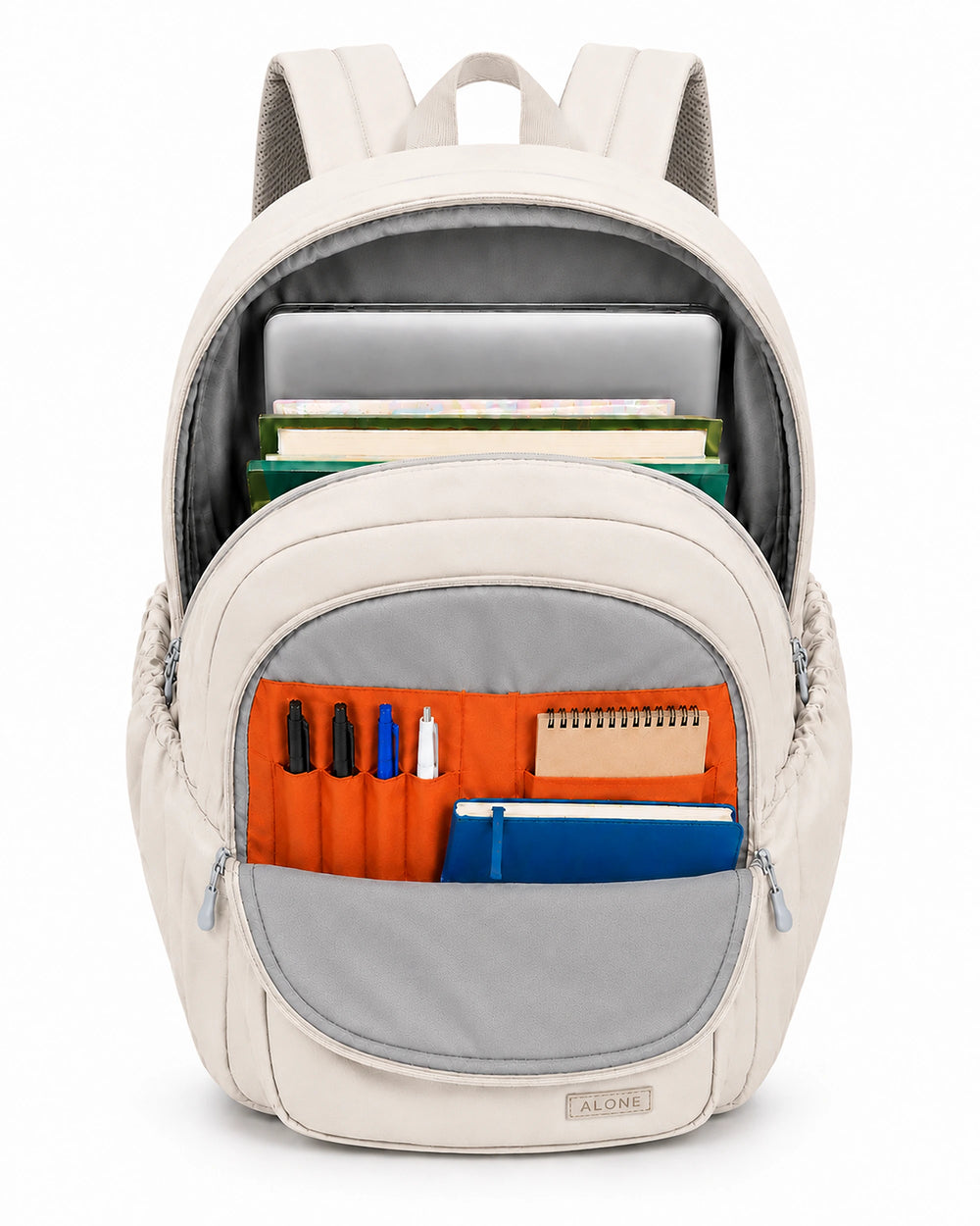 Alone 9106 Bej laptop sırt çantası açık ana bölme, 15.6 inç laptop alanı ve organizer cepleri