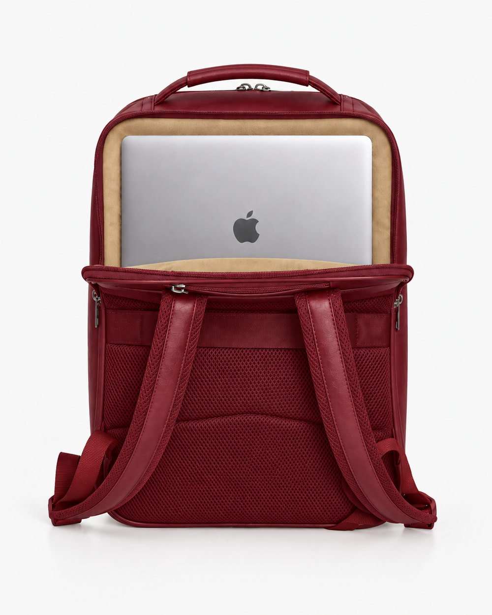 ALONE 1025 bordo suni deri laptop sırt çantası, sırt tarafından açılan laptop bölmesi, içinde dizüstü bilgisayar