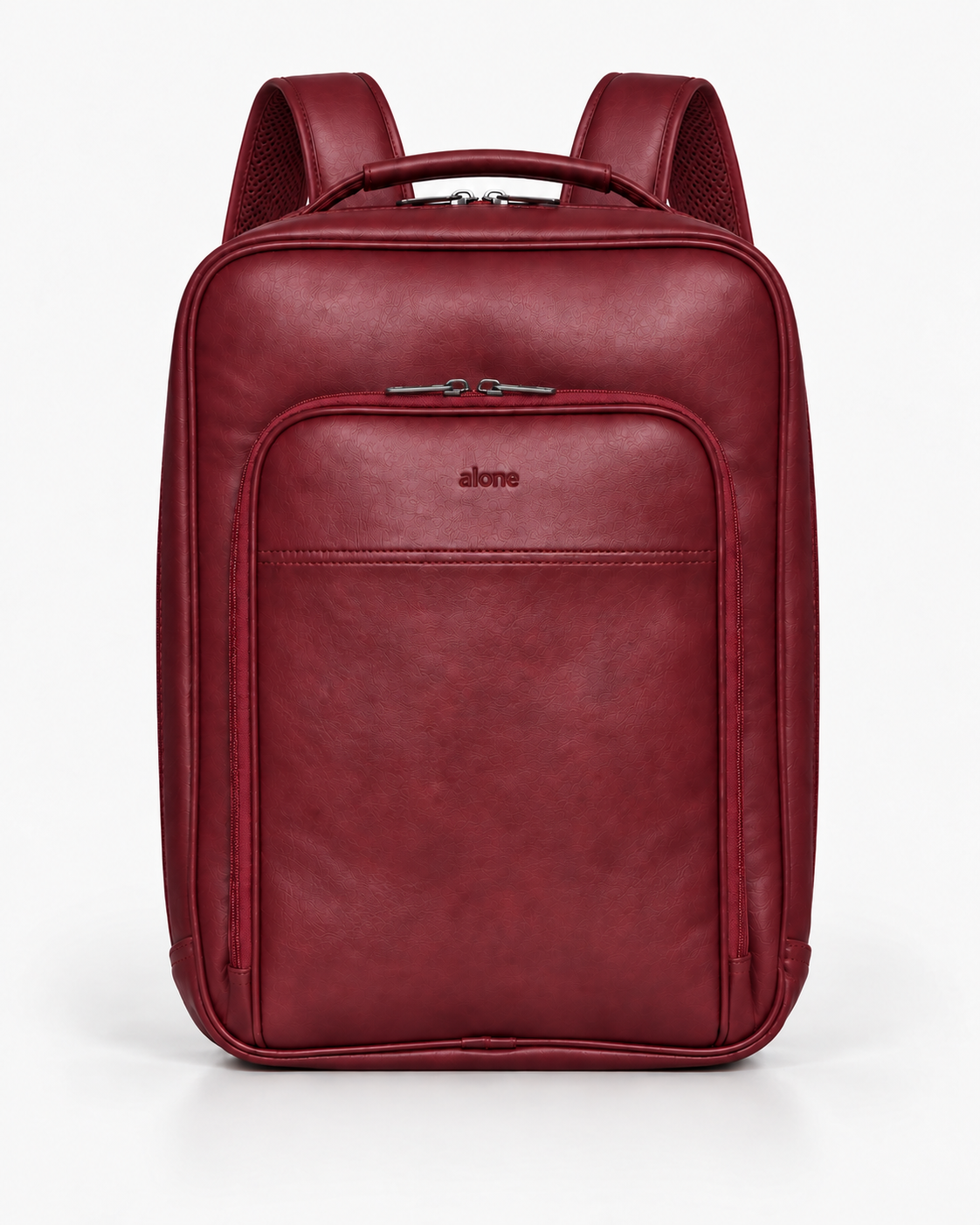 ALONE 1025 bordo suni deri laptop sırt çantası, önden görünüm, yakın çekim