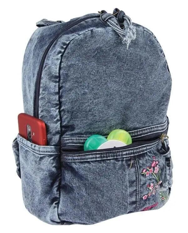 Çiçek Desenli Denim Sırt Çantası - Soft Denim | 5124 - alonebag