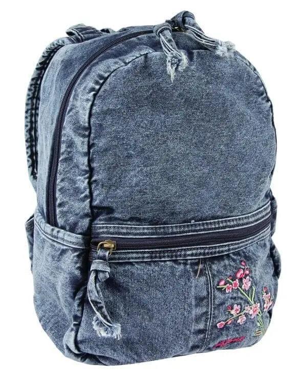 Çiçek Desenli Denim Sırt Çantası - Soft Denim | 5124 - alonebag