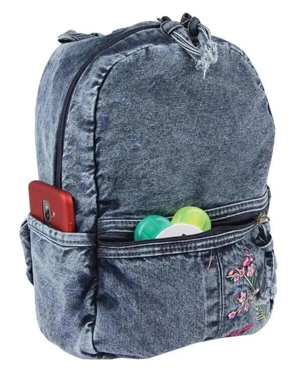 Çiçek Desenli Denim Sırt Çantası - Soft Denim | 5124 - alonebag