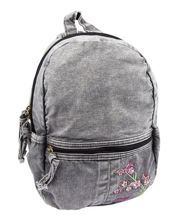 Çiçek Desenli Denim Sırt Çantası - Soft Denim | 5124 - alonebag