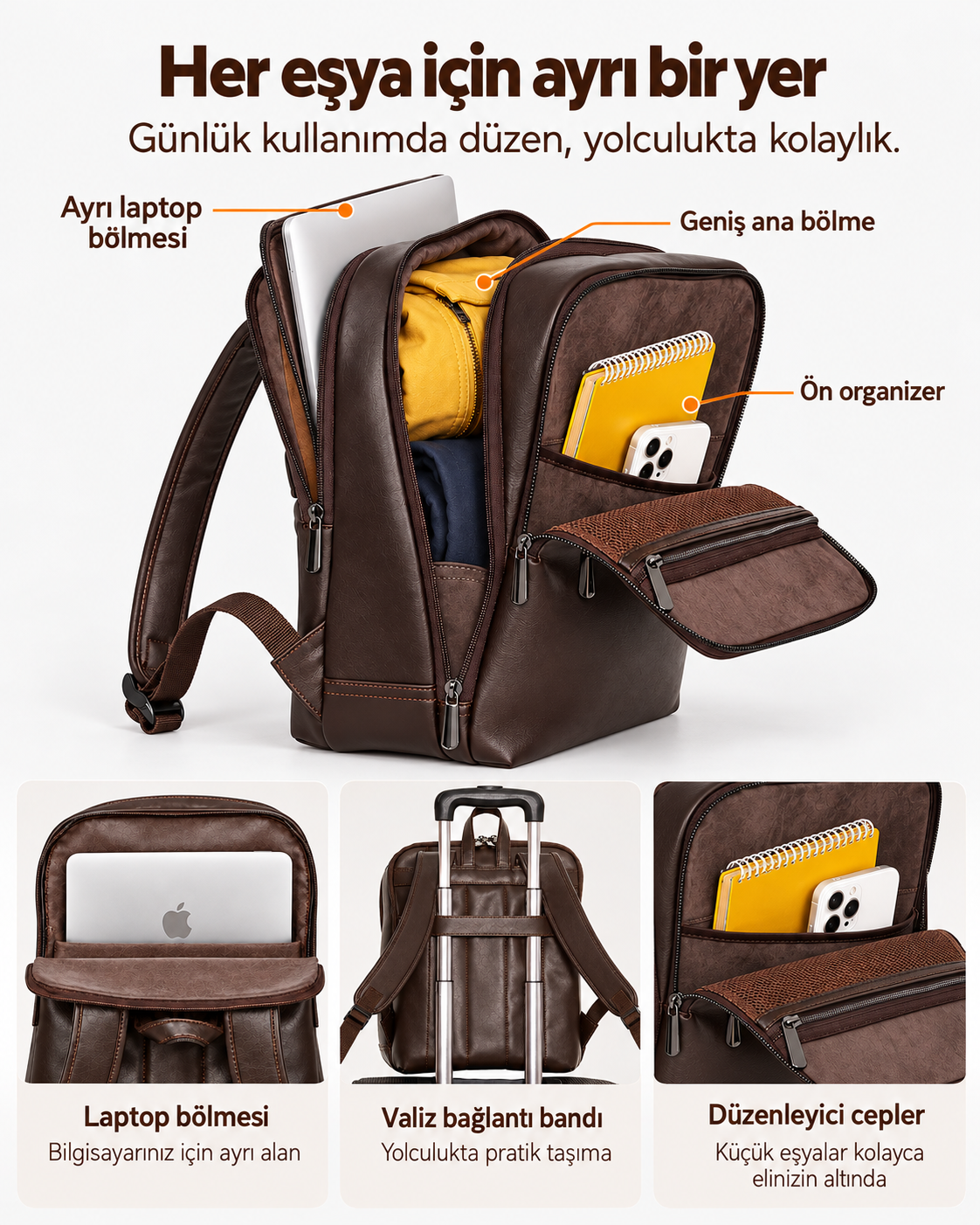 Alone Vegan Deri Laptop Sırt Çantası 15.6 inç 1027 Kahverengi - görüntü 4