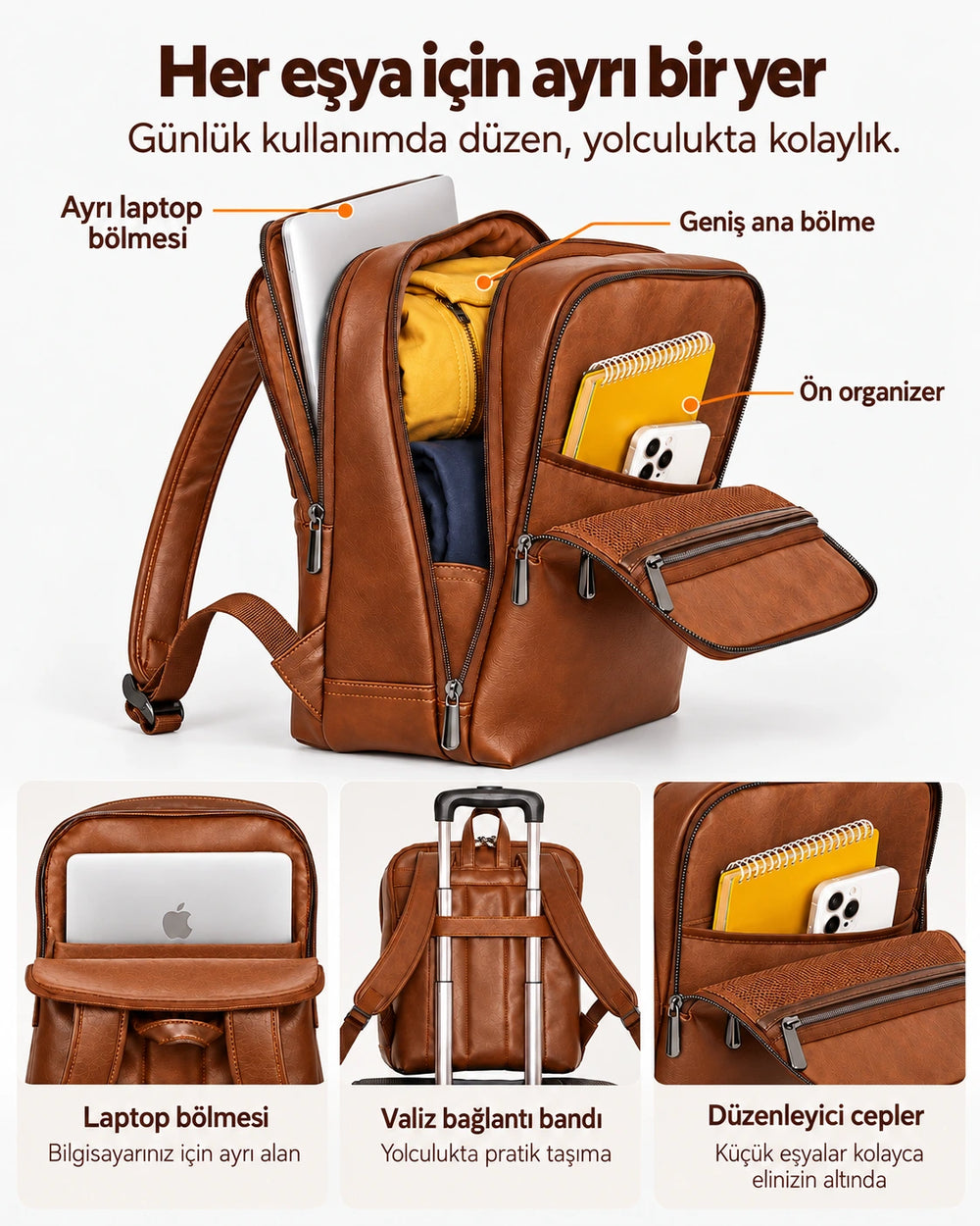 Alone 1027 taba laptop sırt çantasının bölmeleri: ayrı laptop bölmesi, geniş ana bölme, ön organizer cepler ve valiz bağlantı bandı
