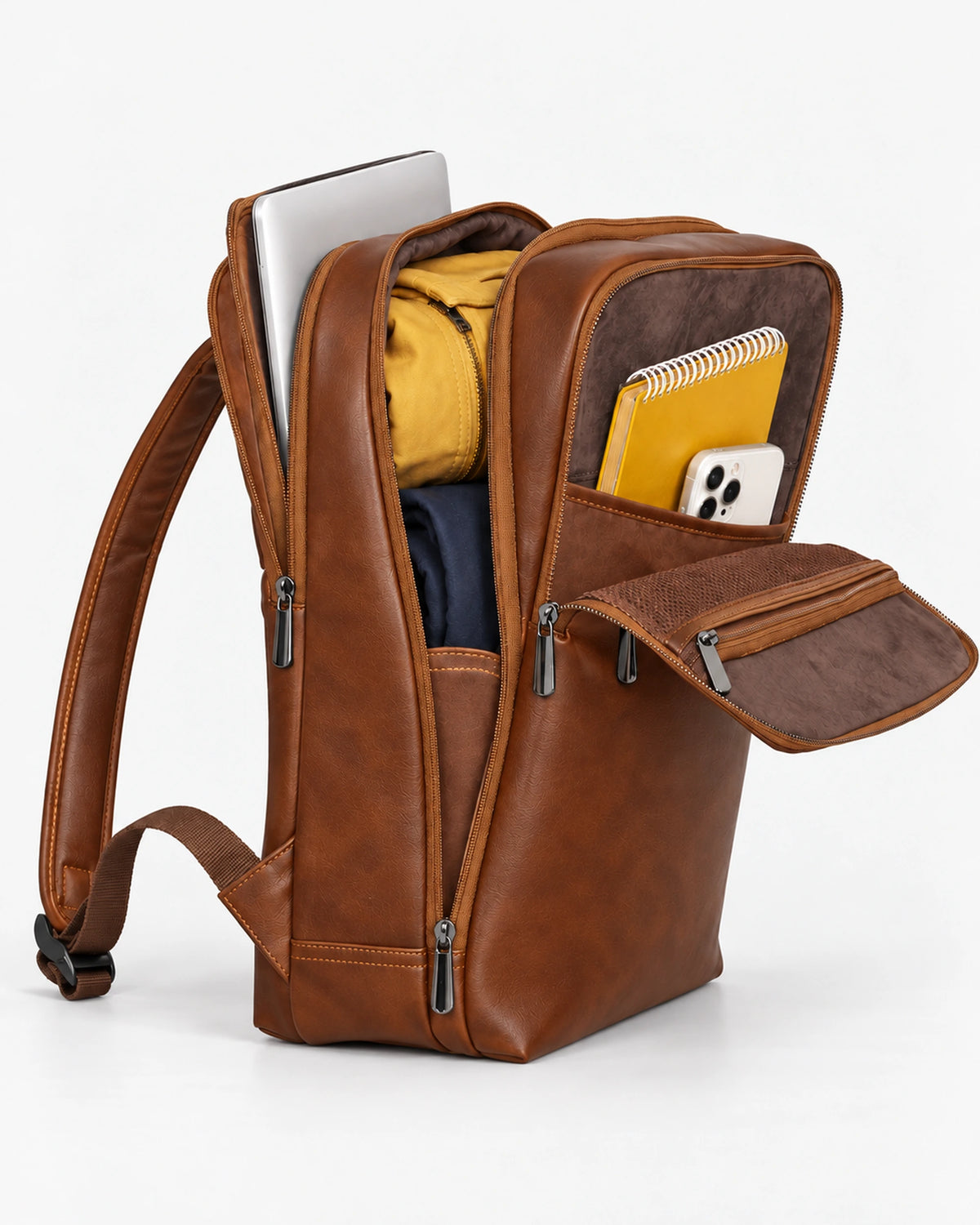 Alone 1027 taba laptop sırt çantası açık: ön organizer bölmede defter ve telefon, laptop bölmesinde dizüstü bilgisayar
