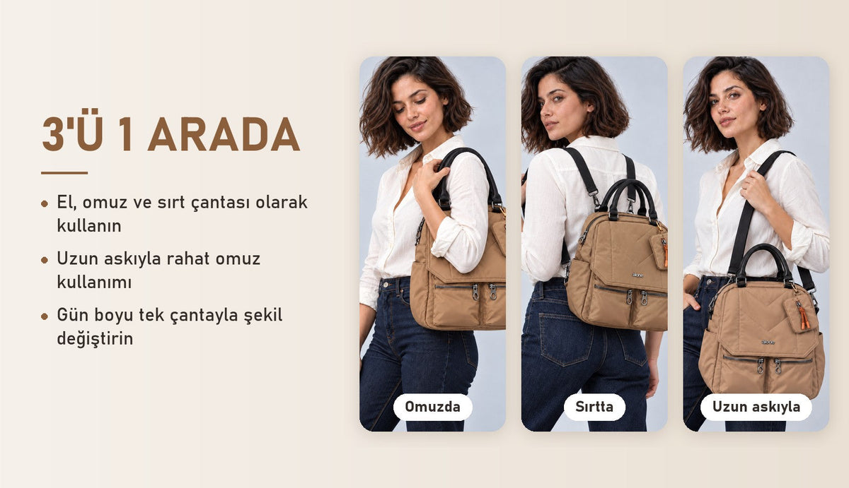 Alone 776018 bej kadın çantası özellikleri: 3'ü 1 arada kullanım