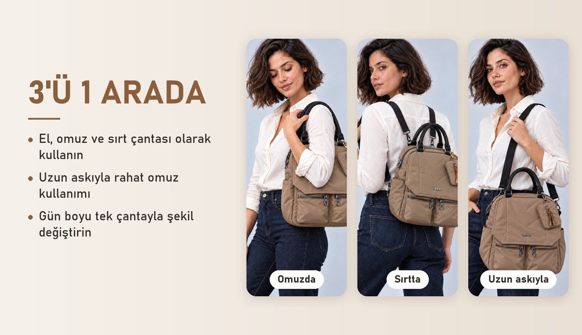 Alone 776018 vizon kadın çantası özellikleri: 3'ü 1 arada kullanım