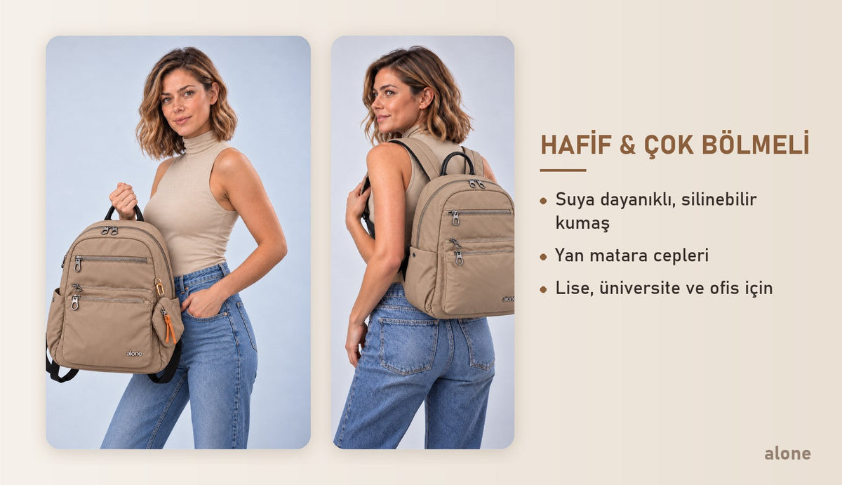 Alone 776118 bej kadın sırt çantası özellikleri: hafif ve çok bölmeli