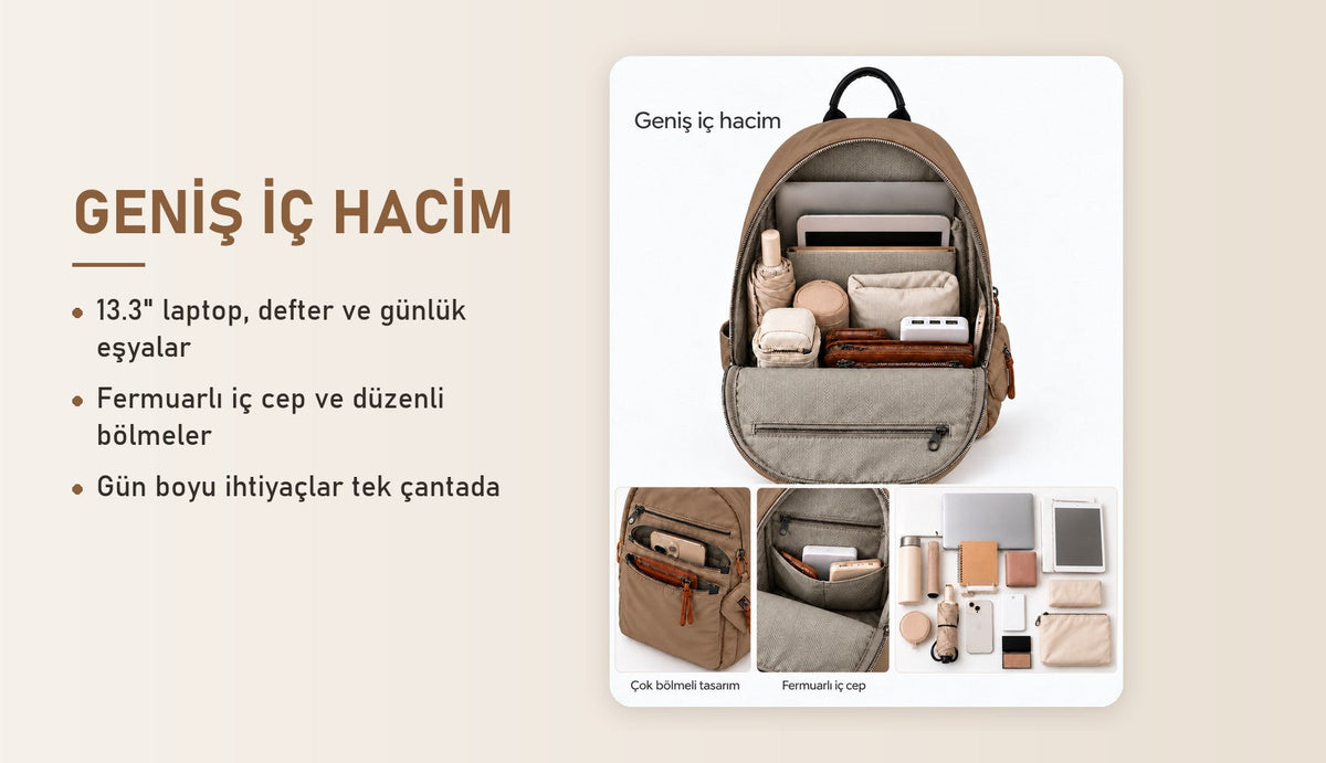 Alone 776118 camel kadın sırt çantası özellikleri: geniş iç hacim