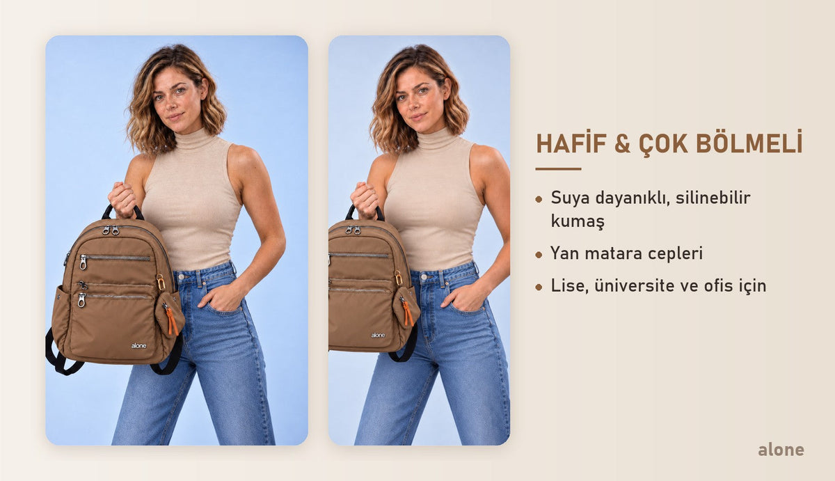 Alone 776118 camel kadın sırt çantası özellikleri: hafif ve çok bölmeli