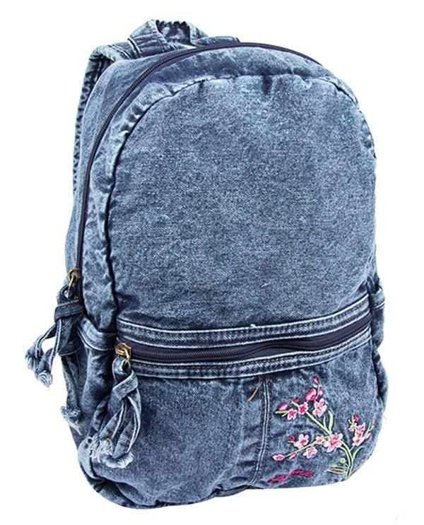 Çiçek Desenli Denim Sırt Çantası - Soft Denim | 5124 - alonebag