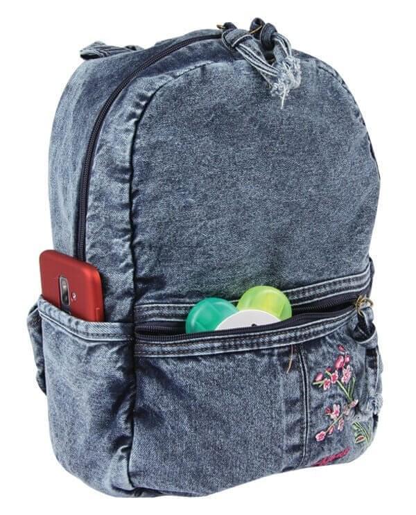 Çiçek Desenli Denim Sırt Çantası - Soft Denim | 5124 - alonebag