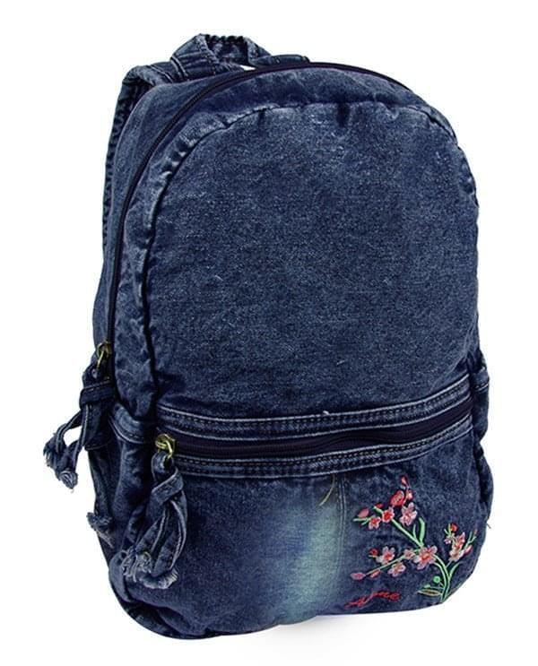 Çiçek Desenli Denim Sırt Çantası - Soft Denim | 5124 - alonebag