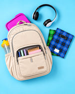 Alone 9106 Bej laptop sırt çantası flatlay ve organizer detayı